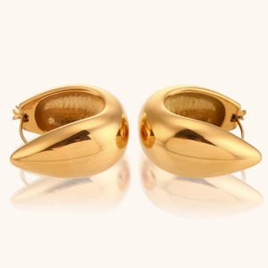 Polished 18K gold-plated chunky teardrop earrings with mirror reflection on white background