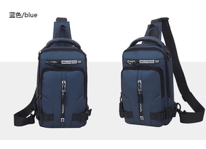 Detail view of the durable navy blue waterproof oxford sling bag with multiple zip pockets