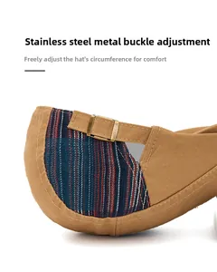 Detail of adjustable stainless steel copper buckle and canvas texture on newsboy cap