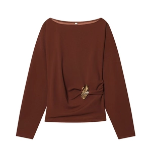 Dark brown off-shoulder long sleeve top with gold ring buckle and side pleats