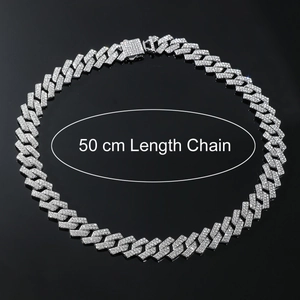 50cm silver hip hop Cuban link chain with full diamond rhinestones and square clasp