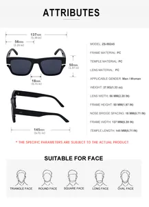 Detailed technical specifications and sizing diagram for square frame cycling sunglasses