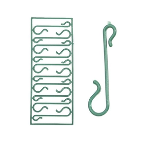 Green plastic S-shaped hooks for Christmas decorations in a 10-piece molded set on white background