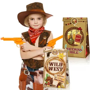 Sacs cadeaux en papier kraft cowboy avec imprimés shérif et cactus pour fêtes d'enfants