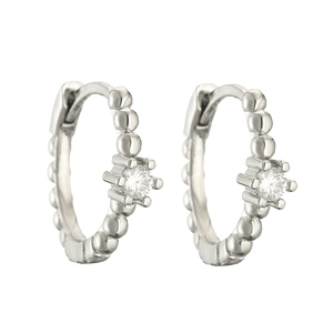 Elegant 18K silver plated beaded hoop earrings with solitaire prong set round crystal