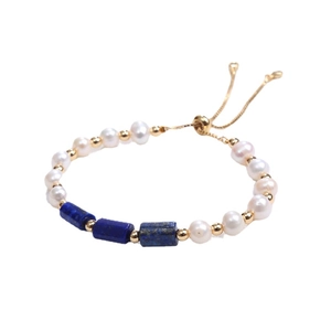 Aquamarine stone and pearl bracelet with adjustable gold chain and zircon accents