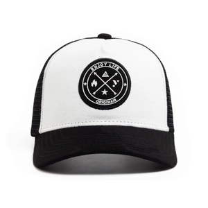 Black and white suede mesh baseball cap with circular Enjoy Life embroidered patch