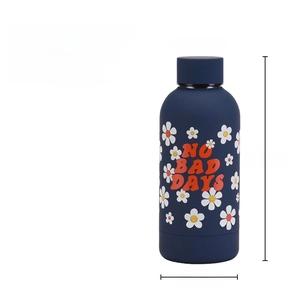 350ml dark blue stainless steel insulated bottle with daisy print and slogan details