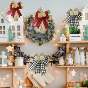 Plaid Christmas decorative bows with gold glitter edges for festive wreaths and holiday trees