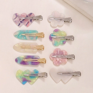 Set of 10 colorful acetate heart and flower hair clips for women in assorted pastel colors