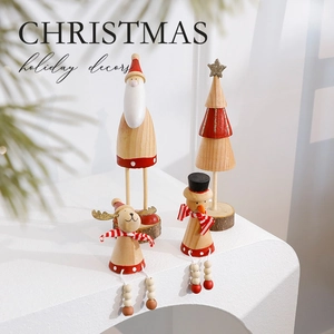 Christmas wooden desktop ornaments featuring Santa, reindeer, snowman and tree in natural wood