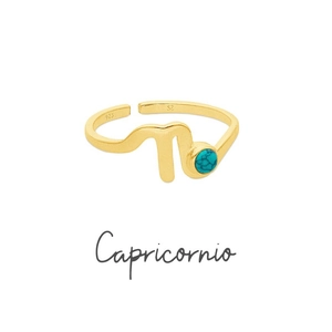 Detail of 18K gold Capricorn ring with blue turquoise and interior 925 silver engraving