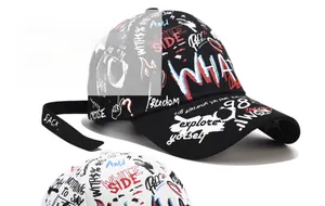 Detailed macro view of cotton graffiti baseball caps with street style print and long straps