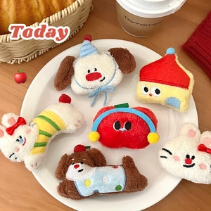 Set of six cute plush cartoon hair clips with animal designs in a tea scene