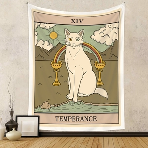 Detailed texture of the cat tarot tapestry showing the XIV Temperance design on wall
