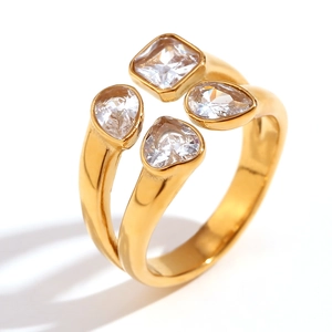18K gold plated double layer open ring with heart and teardrop zirconia stones