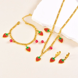 Strawberry Fruit Jewelry Necklace Bracelet Earrings Stainless Steel Enamel Figaro Chain Women Girls Accessories