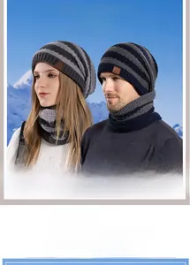 Winter thermal knit beanie and neck warmer set with warm fleece lining for cold weather