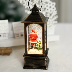 Vintage bronze Christmas lantern with Santa Claus, Christmas tree and colorful snow glitter