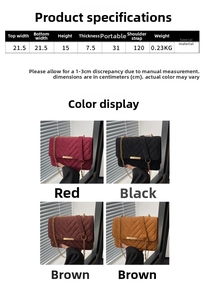 Size chart showing 21.5x15x7.5cm dimensions for the V-quilted chain shoulder bag