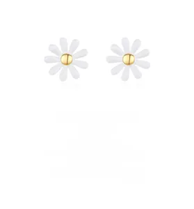 Detail showing white daisy stud earrings with gold center on a minimalist white background