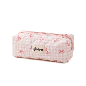Pink checkered pencil case with red bow patterns and a soft cotton fabric texture