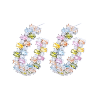 Elegant silver C-shaped hoop earrings featuring colorful rectangular cubic zirconia stones