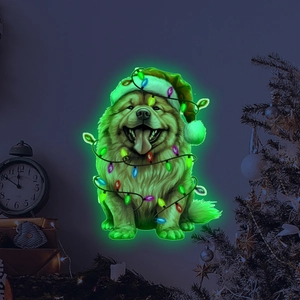 Luminous Christmas wall sticker featuring a Chow Chow dog with festive hat and lights