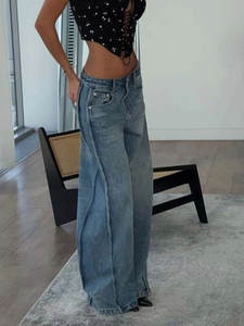 American retro high-waisted wide-leg jeans with unique curved side seams and blue washed denim