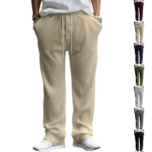 Men Casual Pants Ribbed Texture Straight Leg Wide Leg Drawstring Elastic Waist Striped Trousers Comfort Daily Wear
