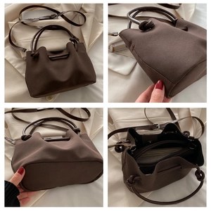 Detailed four-grid view showing the brown bucket bag interior, base, and strap details