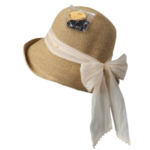 Women's UV protection straw hat with a large bow and pearl accents, UPF 50+ rated