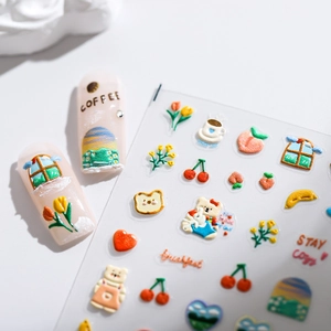 3D embossed nail stickers featuring cute garden bear and tulip designs for manicure art