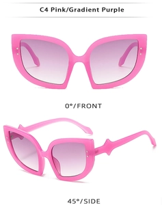 Front and side views of cat eye sunglasses with pink frames and purple gradient lenses