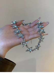 Vue détaillée du collier ras du cou en argent avec étoiles serties de strass brillants