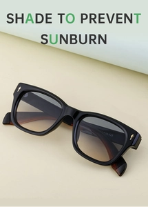 Macro detail of square sunglasses with gradient lenses and temple size specifications