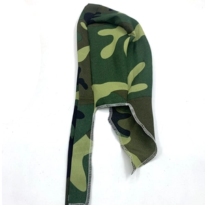 Detail of classic forest camouflage durag showing elastic fabric and white overlock stitching