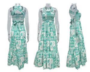 Detail of bohemian floral maxi dress featuring backless cross straps and tiered skirt design