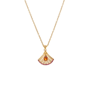 Elegant gold fan-shaped necklace with orange gemstone and purple zircon inlay