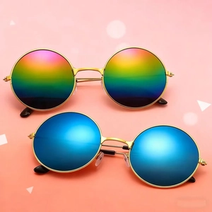 Retro round metal sunglasses with gold frames and colorful mirror lenses for unisex style