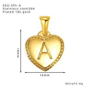 Polished 18K gold plated heart pendant with 304 stainless steel and letter A engraving