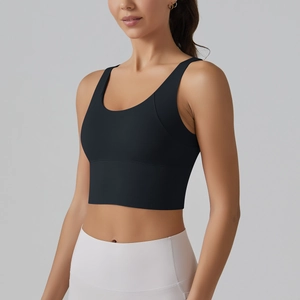 Close-up of black U-neck sports bra featuring wide straps and high-elasticity fabric