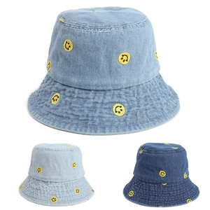 Smile Face Embroidered Denim Bucket Hat Retro Cotton Fisherman Cap Sun Protection Breathable Casual For Men Women