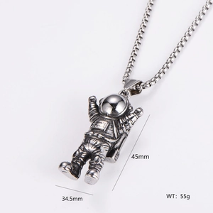 Detail view of silver astronaut pendant showing 45mm height and 55g weight specifications