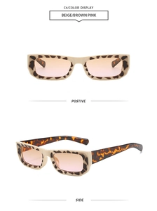 Detail view showing beige and brown leopard print square frames with light pink lenses