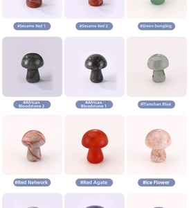 Detailed grid of mushroom-shaped gemstones including Red Agate and Aventurine