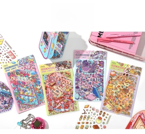 Detail view of 2.5D cartoon scene stickers set with 3 sheets per pack in high quality