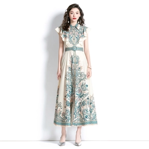 Robe longue bohème vintage avec col à revers et ceinture en beige à imprimé floral