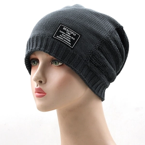 Dark grey knitted beanie for men and women featuring a stylish rectangular patch