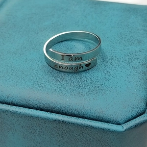 Minimalist I am enough engraved stainless steel bypass ring with heart on jewelry box